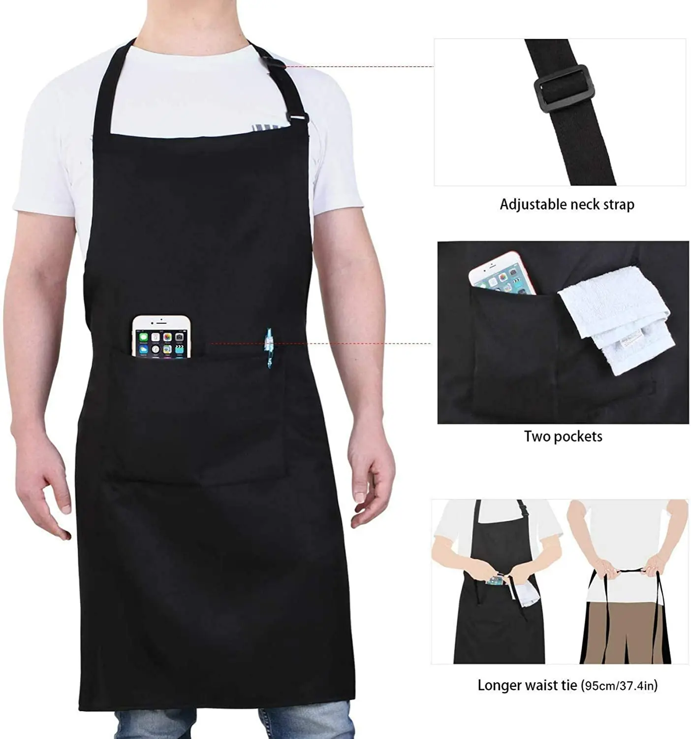 Modern Green Lifestyle Bib Chef Apron Unisex Black Apron Bulk Machine Washable for Kitchen Crafting BBQ Drawing Outdoors