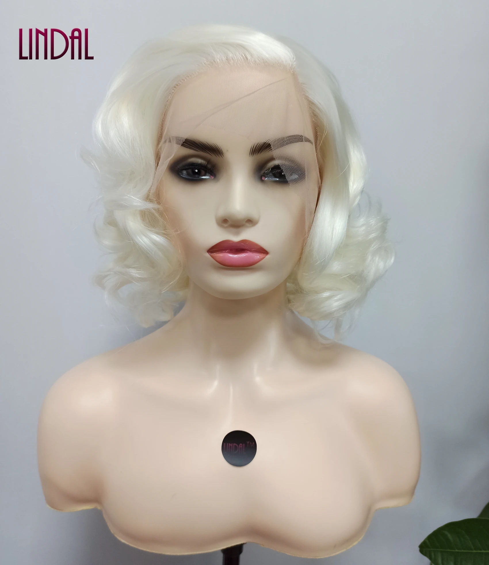 LINDAL Short Platinum Blonde Lace Front Wig Curly Bob Free Part Synthetic Hair for Women Daily Wear Halloween Party