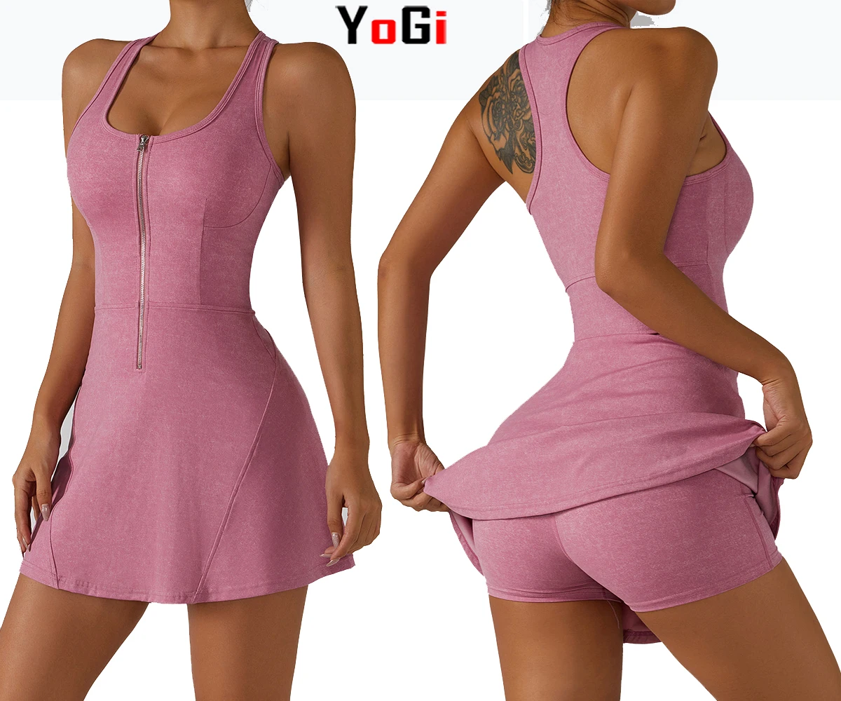 High Quality Women Girls One Piece Zip Sportswear Beach Exercise Golf Workout Jumpsuit Yoga Tennis Dresses With Shorts With Bras