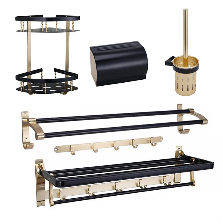 China Online 5 Piece Accessory Black Gold Luxury Wall Mount Bath Bathroom Toilet Accessories Set