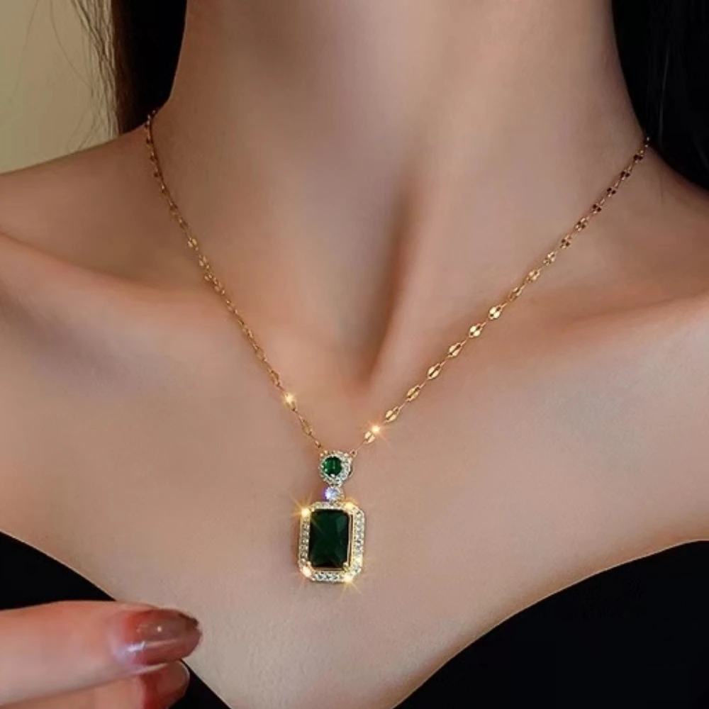 No Fade Square Gemstone Ring Wedding Earrings Hot Selling Emerald Zircon Crystal Vintage Stainless Steel Jewelry Set For Women