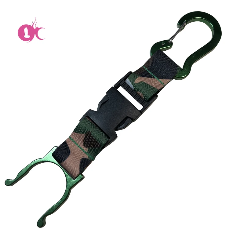 Factory supplier outdoor Aluminum water bottle hanger buckle hook holder carabiner plastic clip with nylon belt
