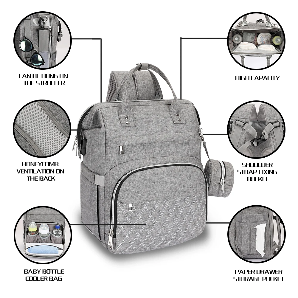 One drop shipping detachable pouch multifunction baby bags Large capacity waterproof baby diaper bag