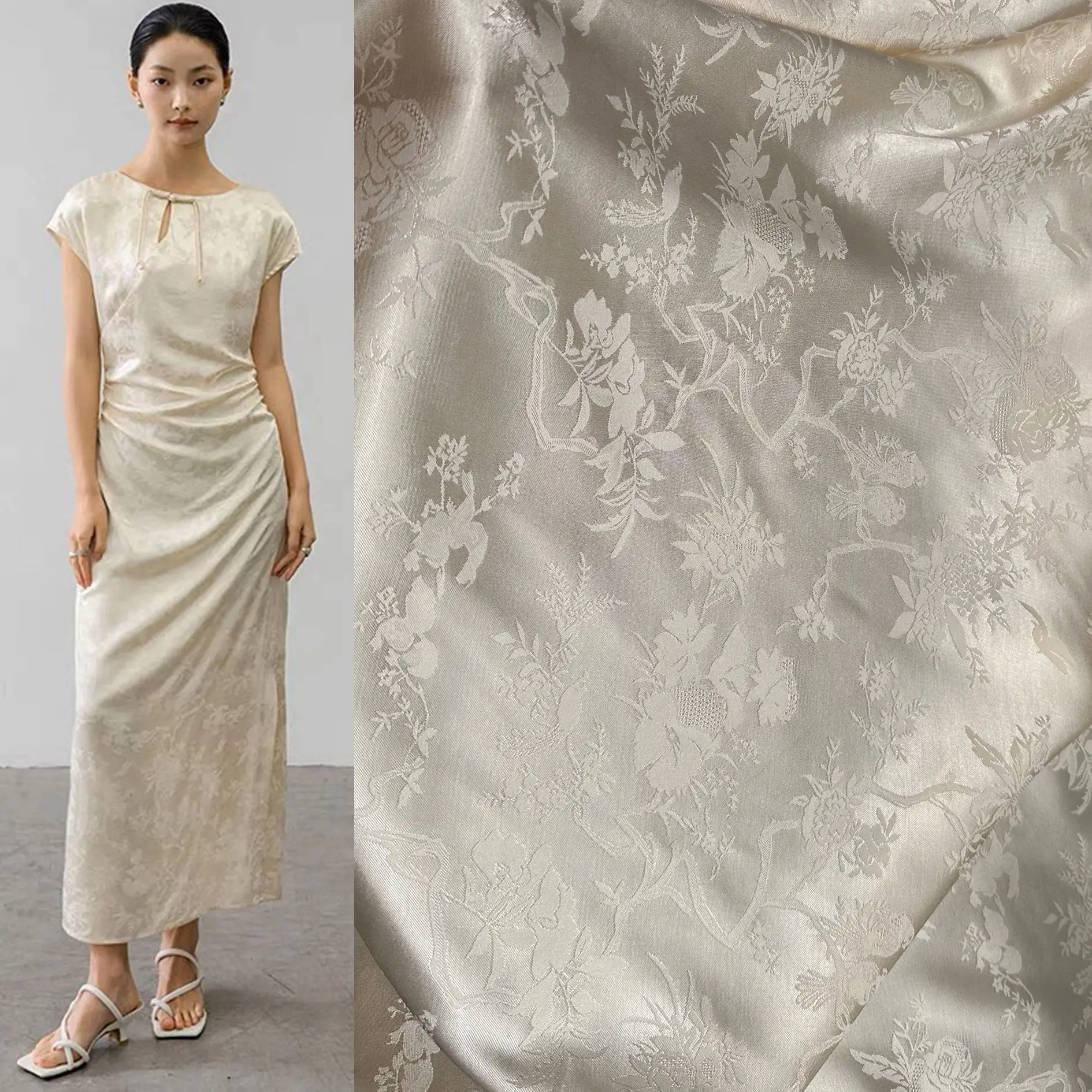 Fabric Supplier Floral Design Textiles100% Polyester Woven Brocade Satin Jacquard Fabric For dress