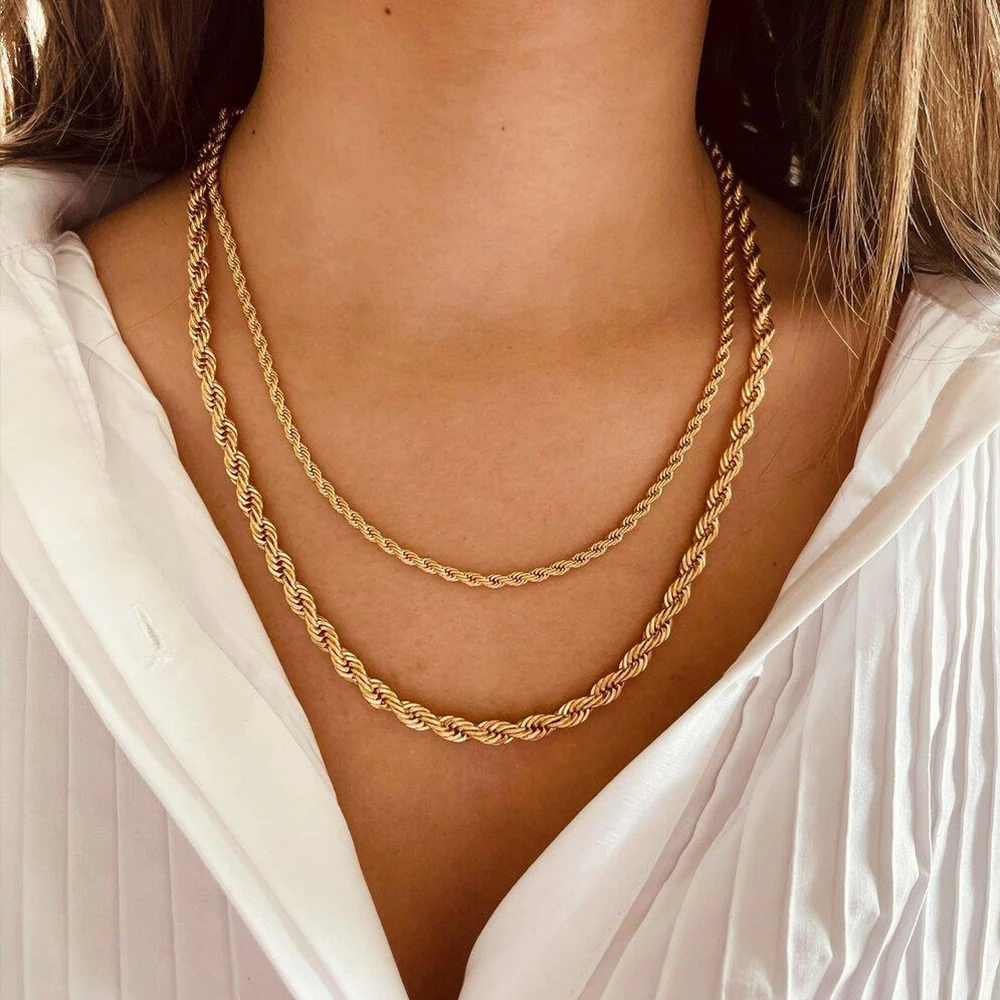 EManco Twisted Gold Rope Chain Necklace Stainless Steel for Hip Hop Men Women Jewelry