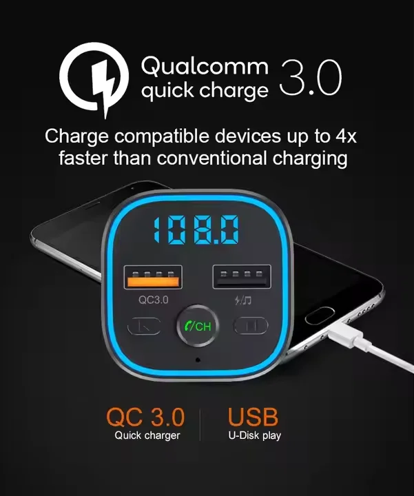 Factory car Bluetooth charger conversion head dual-port blue atmosphere light  FM lossless fast charge mps3 player