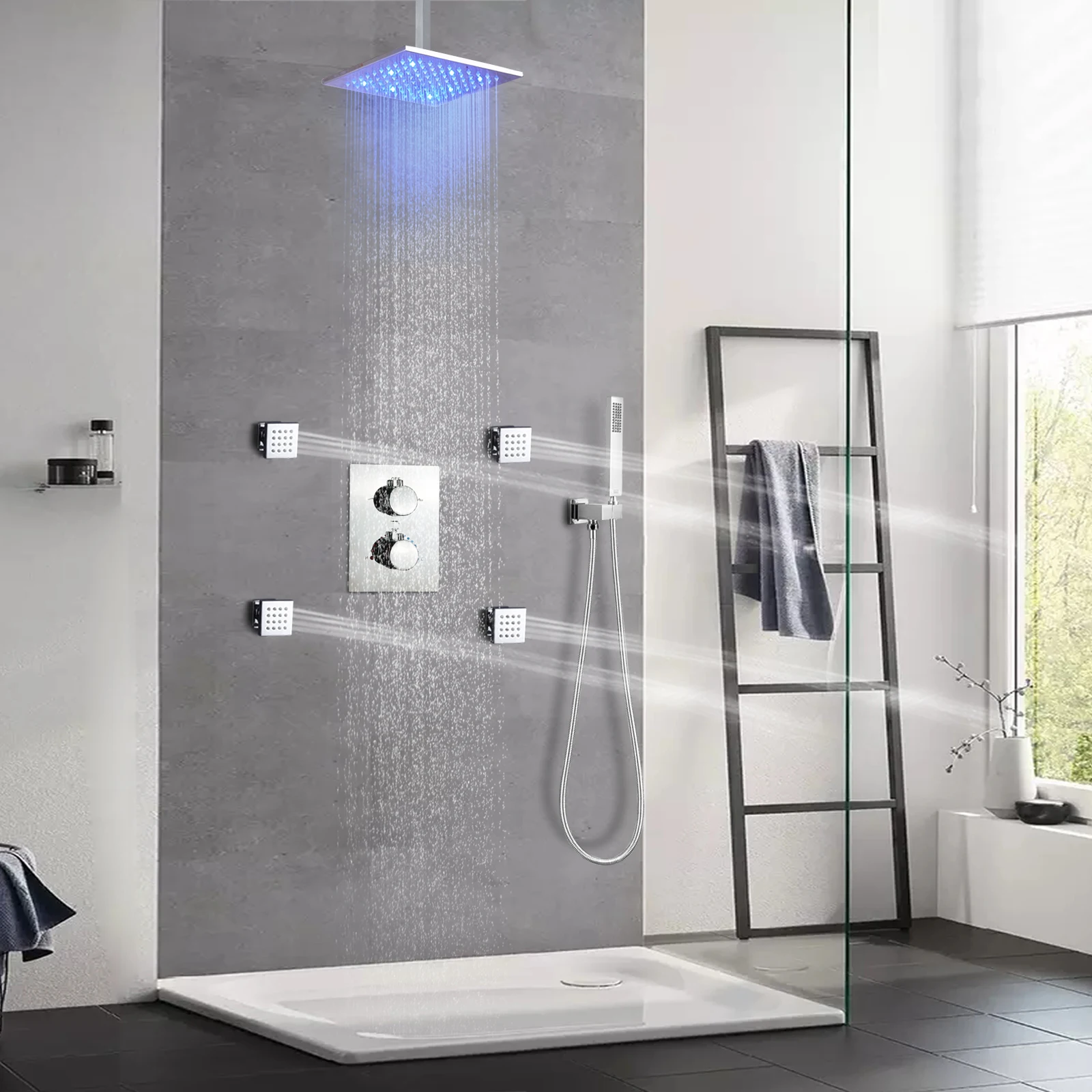 CUPC Thermostatic Shower Set 10Inch LED Shower Head Bathroom Rain Faucets Saving Water Wall Mounted Box Chrome System