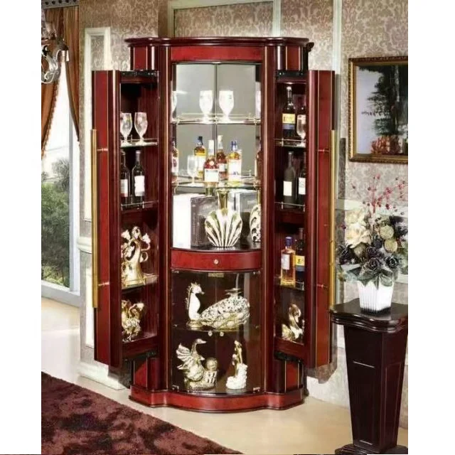 Stylish Red Wooden Wine Cabinet Display Classic Storage Furniture with Tall Glass for Home Metal Kitchen Showcase Modern Picture