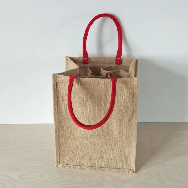 Reusable Jute Wine Carrier Natural Jute Burlap 6 Bottle Wine Tote Bag