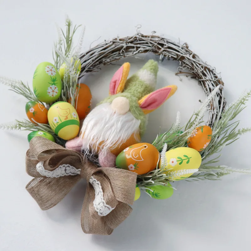 ZHH107 Fresh Nordic Home Decoration Artificial Colorful Egg Rabbit Doll Easter Festival Window Hanging Wreath