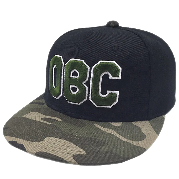 Custom Design 3D Embroidery Camouflage Cotton Twill Flat Brim Hip Hop hat Adjustable Breathable 6 panel Snapback Cap