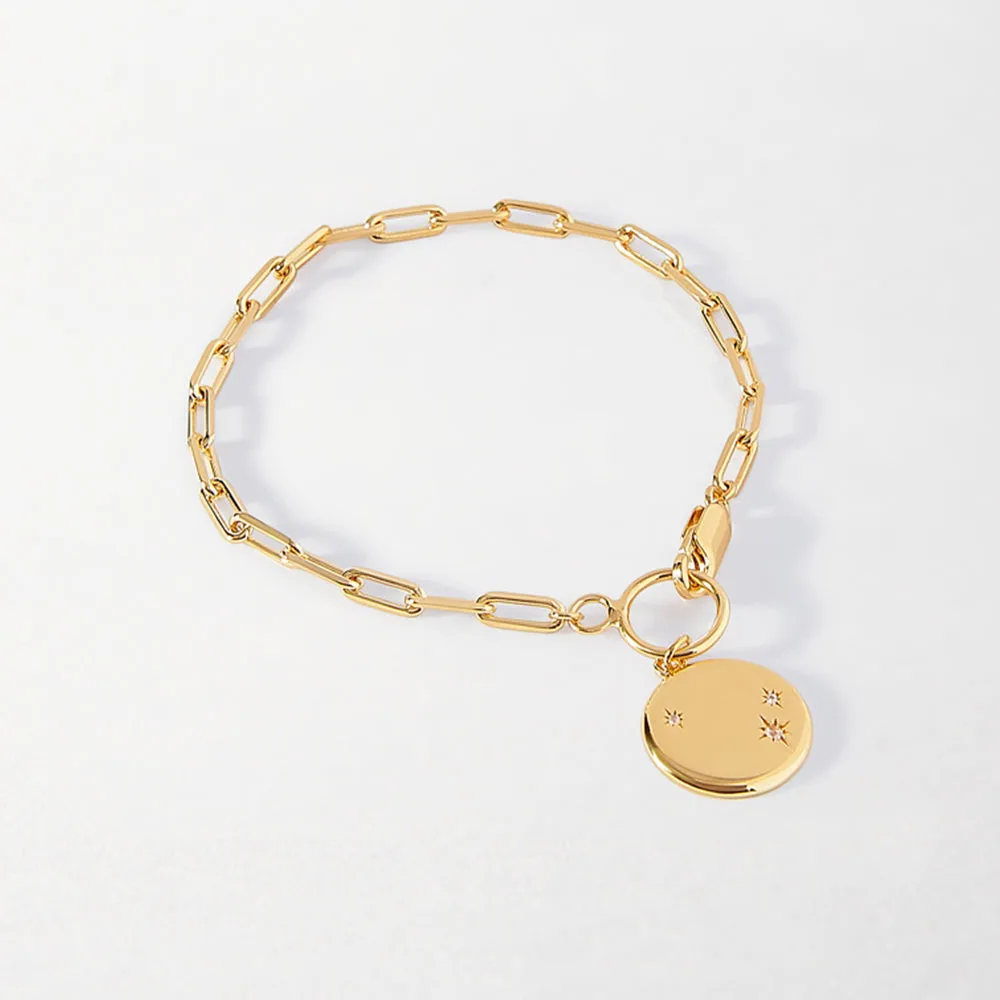 Quality 18k gold plated stainless steel cubic zircon CZ star disc charm necklace and bracelets set  custom engrave women jewelry