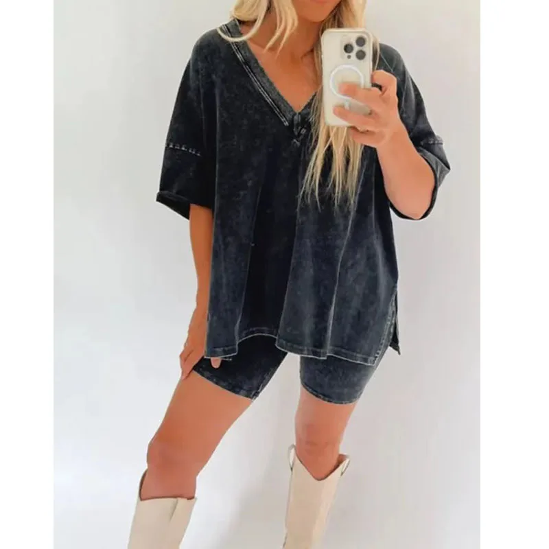 Women Plus Size Clothing 2 Pcs Washed Set Short Sleeve Cotton V Neck Lounge Set
