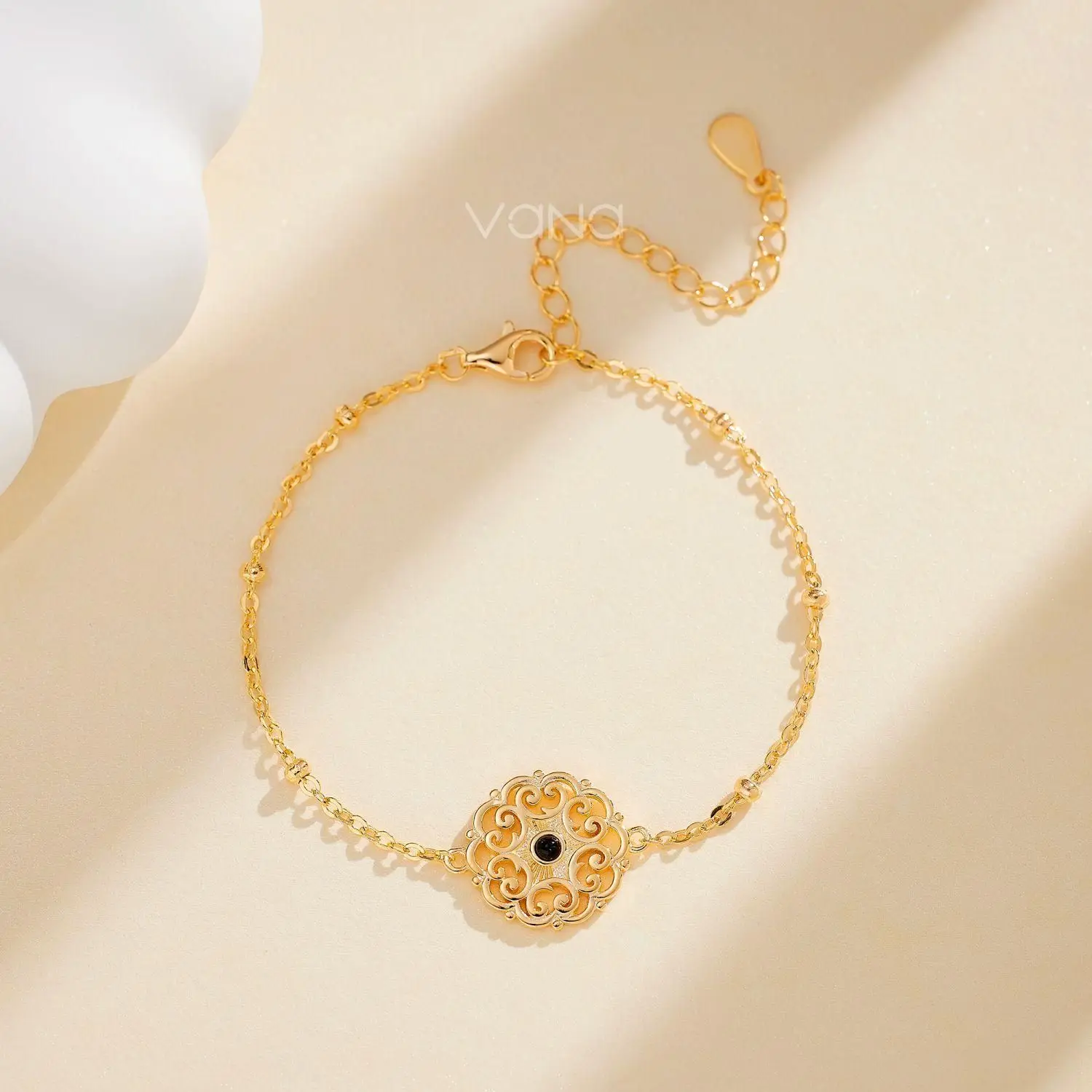 VANA Floral Vintage Style Lace Gold Plate 925 Sterling Silver Black Agate 14K Gold Plated Fine Jewellery Women Jewelry Bracelet