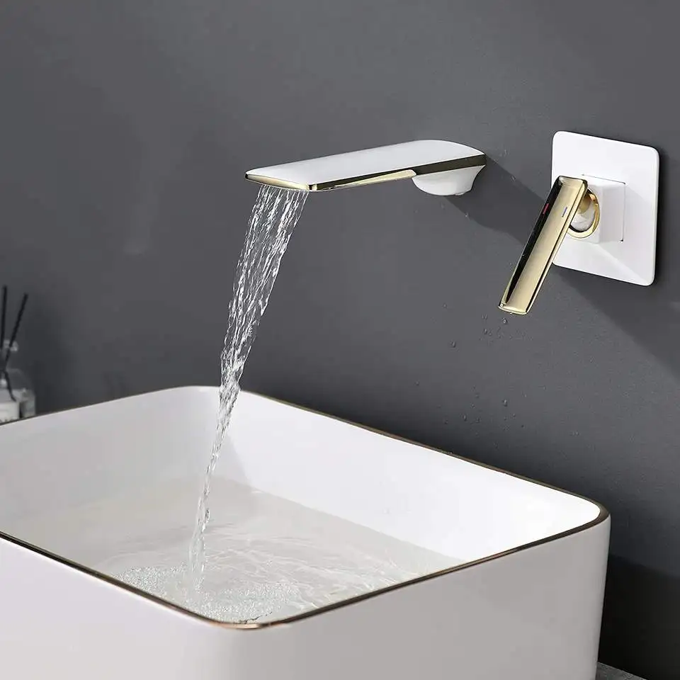 Wall Mounted Gold and White Tap Bathroom Single Handle Sink Faucet Waterfall Split Solid Brass Hot and Cold Mixer