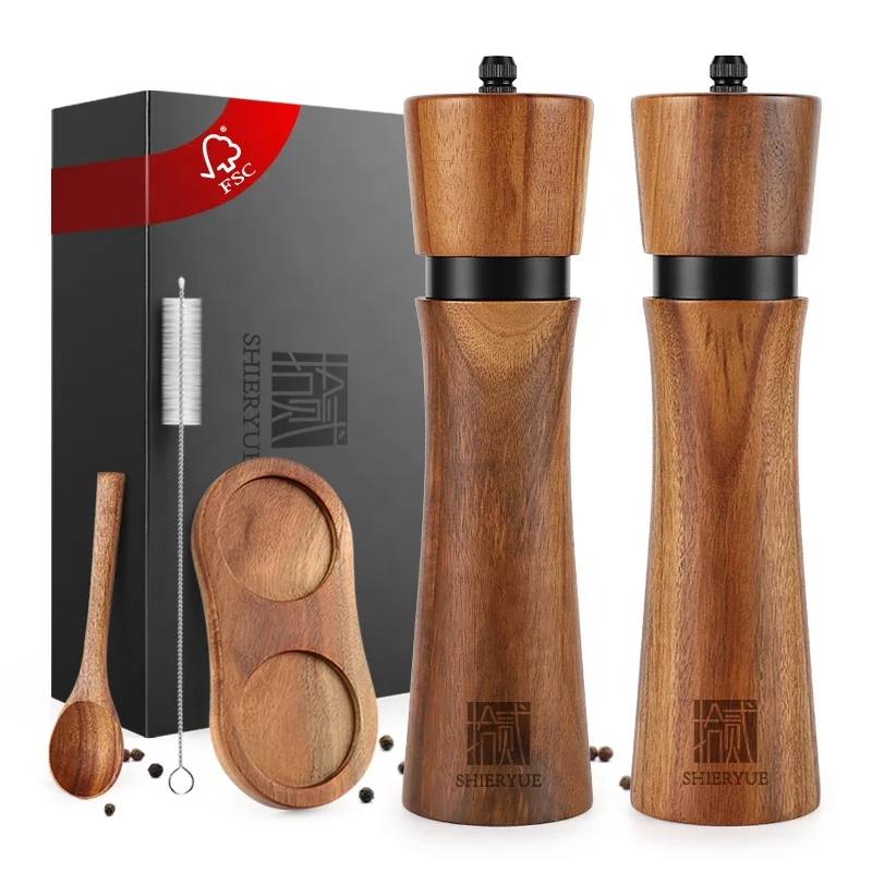 Advanced ceramic salt and pepper set with holder, wooden mill salt with black metal ring, mill wood pepper
