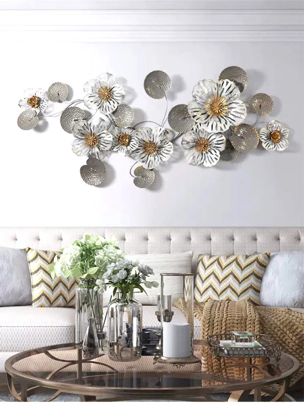 3d Silver Living Room Floral Art Flower Iron Metal Decoration Items Iron Metal Wall Hanging Decor