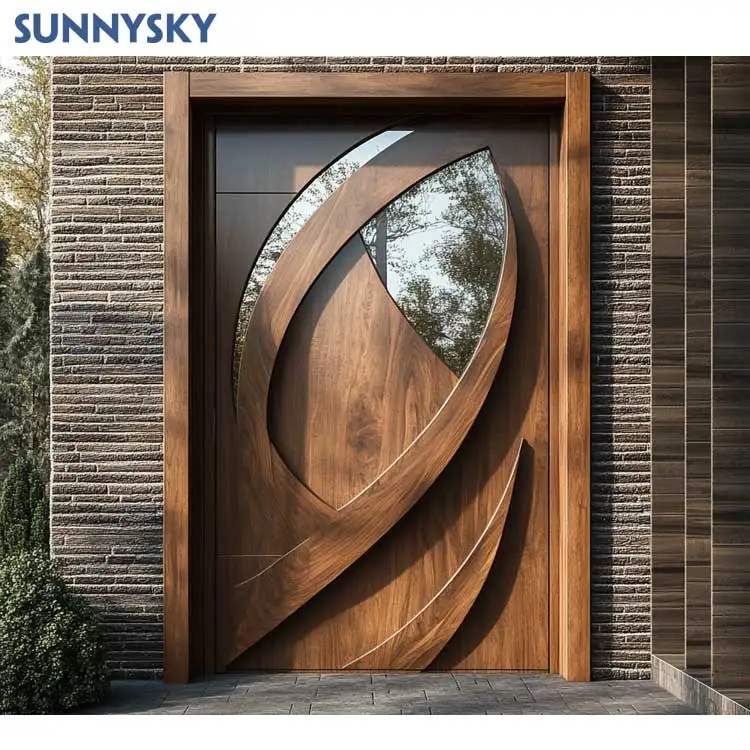 Sunnysky Luxury arched double wooden front entry doors design exterior arch top solid wood main entrance door with glass