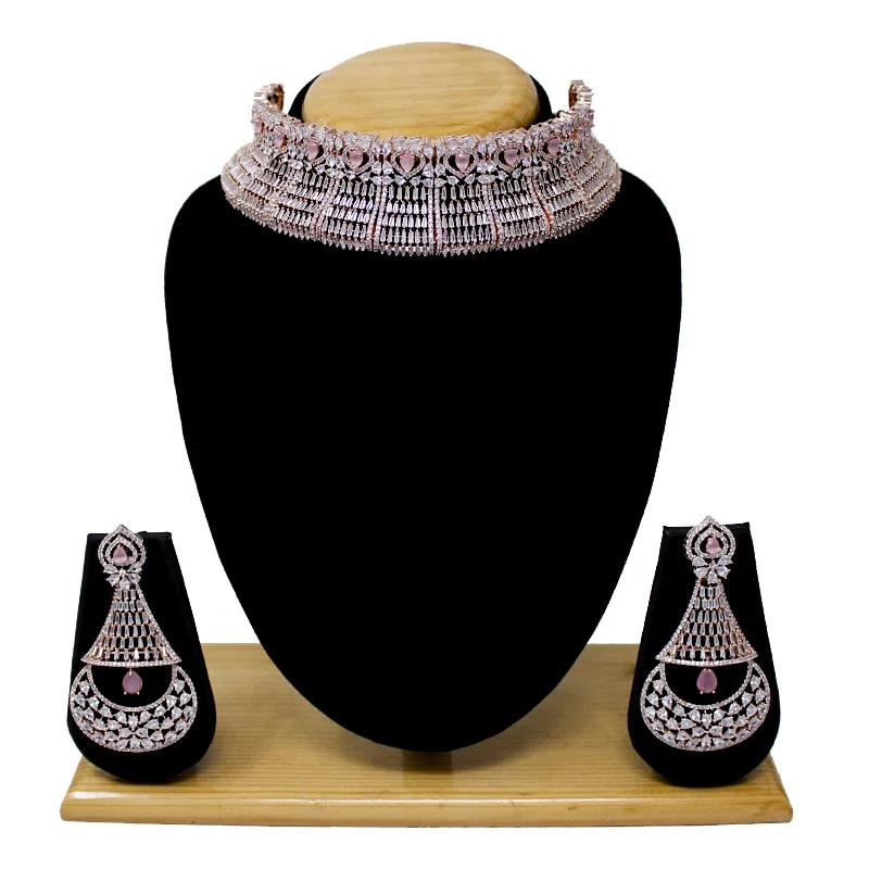 American Diamond Choker Rose Gold Plated Necklace jewelry Set AD (Light Pink) for Women Girls