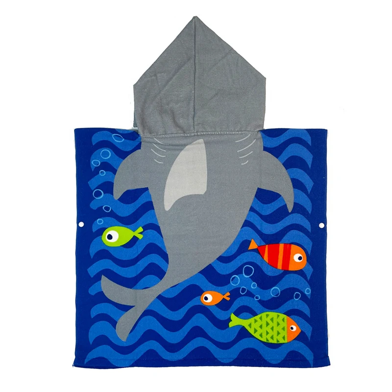 Wholesale Custom Grey Shark Sand Free Surf Swim Quick Dry Cartoon Print Kids Beach Hooded Poncho Towel