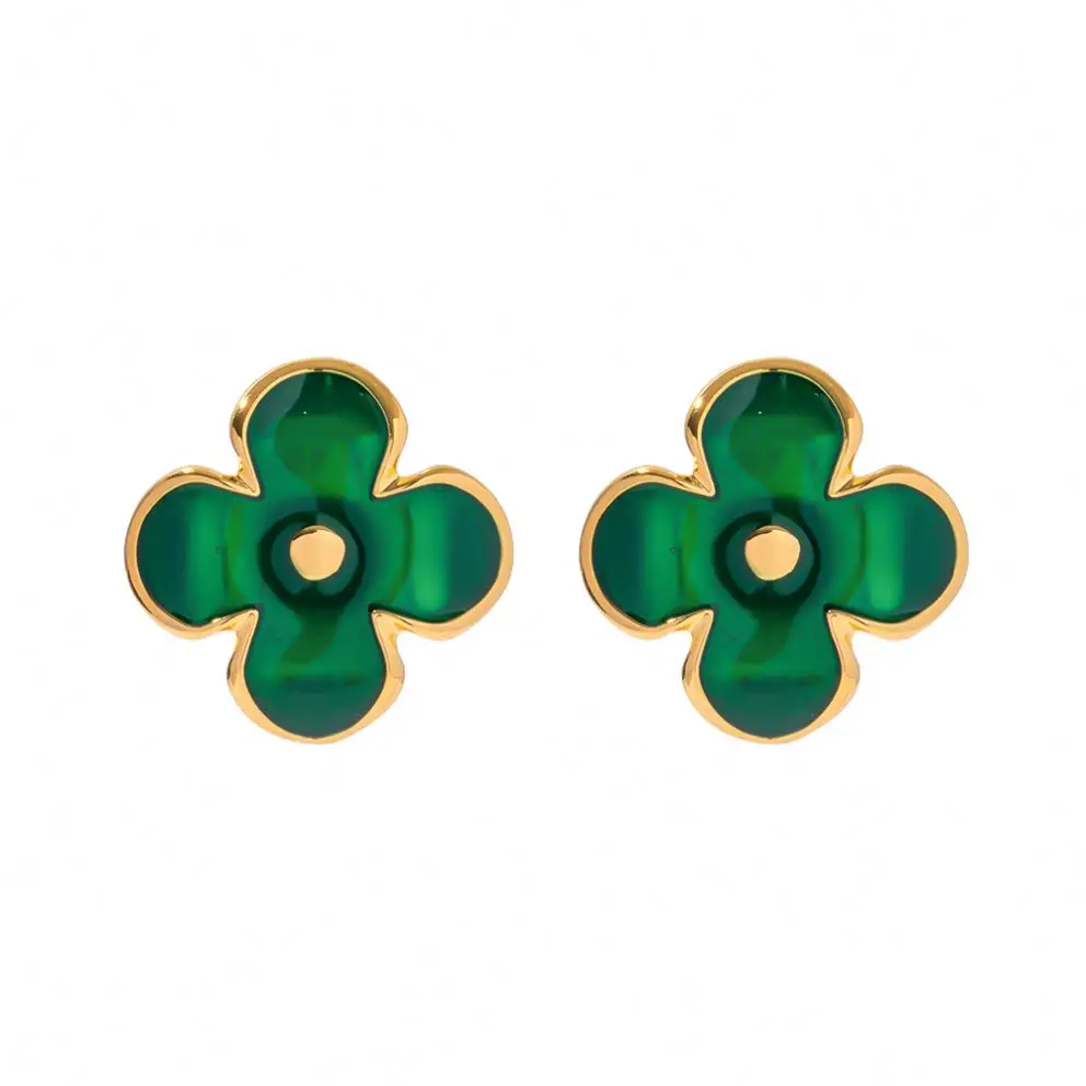 Hypoallergenic Brass Enamel Earrings Lovely Green Enamel Flower Stud Earrings Gift Jewelry