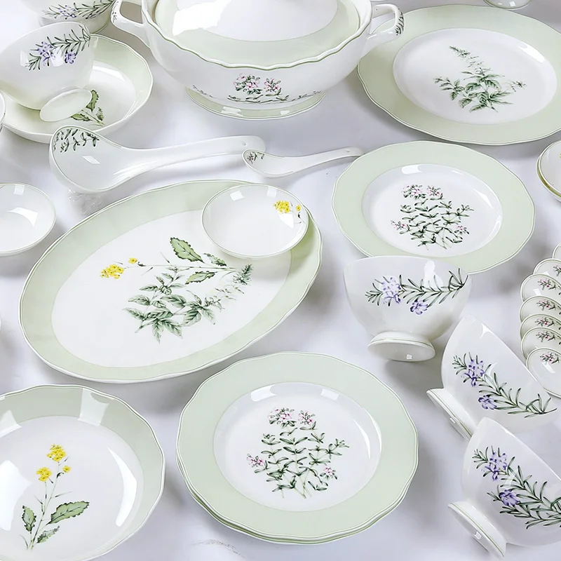 wholesalers ceramic and porcelain plates green plant pattern bone china dinner plate set fish fruit soup dish plate