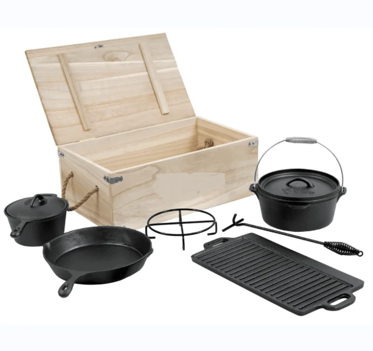 7 Pieces Outdoor Cast Iron Dutch Oven Pot Set Camping Picnic Cooking Pan With Wooden Box