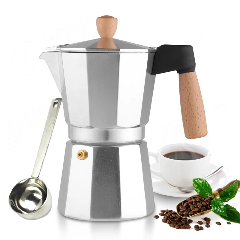 Eco Friendly Product  Aluminium Stovetop Espresso  Moka Pot  Espresso Cup  Coffee Maker  With Wooden Handel And Knobe