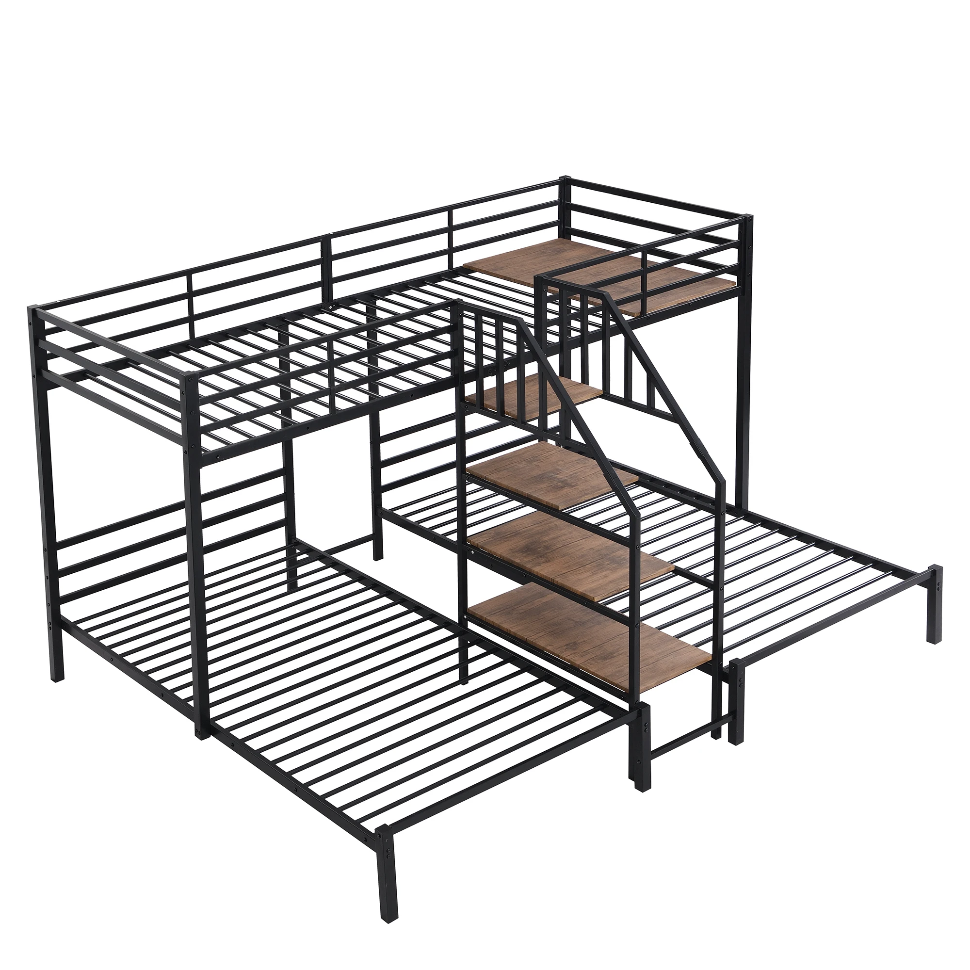 Twin Metal Bunk Bed Triple Bunk Bed Frame with Storage Shelves Staircase