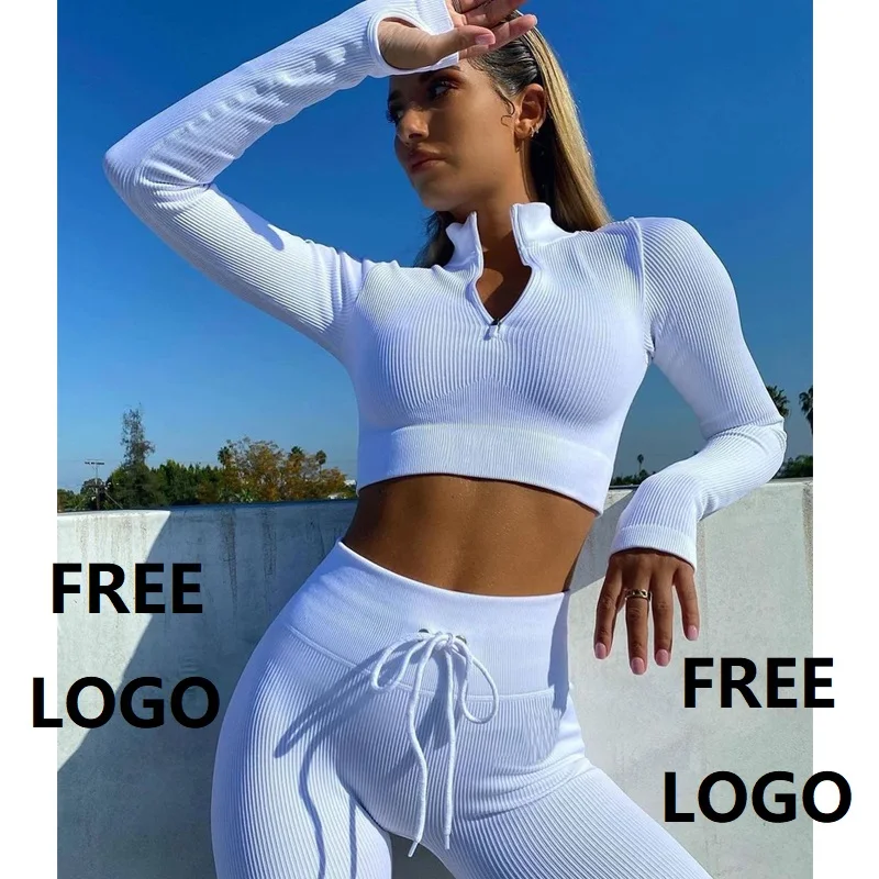 Бесшовный комплект, компрессионные ребристые спортивные колготки на молнии, женские леггинсы для фитнеса, Топ с длинным рукавом, большие размеры XL