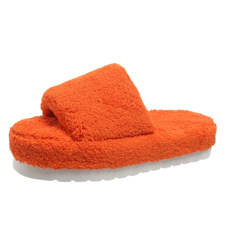 Factory Summer Open Toe Thick Soled Furry Solid Color Home Fluffy Faux Fur Slides Slippers for Women