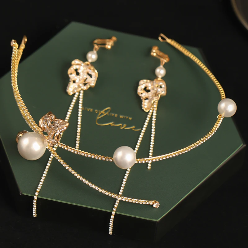 Rhinestone Bridal Headdress Jewelry Full Diamond Big Pearl Leaves Shape Headband with Earrings Sets Bridal Wedding Hairband