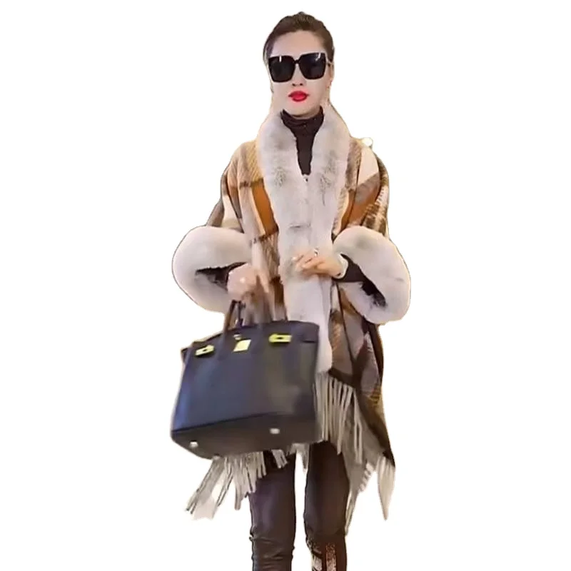 Fashion Trends Faux Fur Coat Cape Hooded Tassels Wool Blends Cardigan Cloak Women Fall Winter Overcoat Poncho Wraps