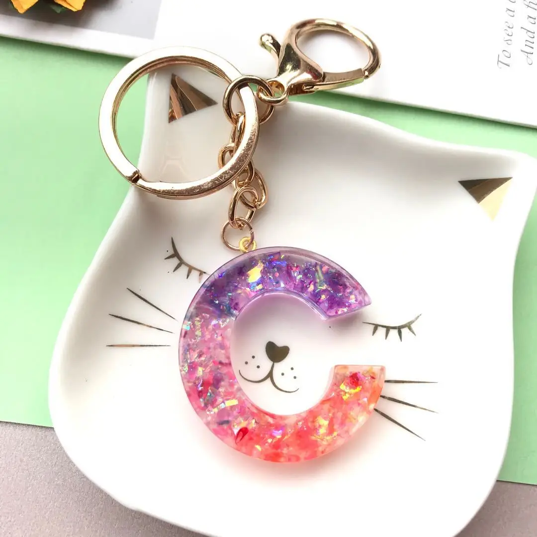 Trendy Glitter Resin Initial Alphabet Letter Pendant Keychain For Women A-z Jewelry Sequined Resin Key Chain Bag Accessories