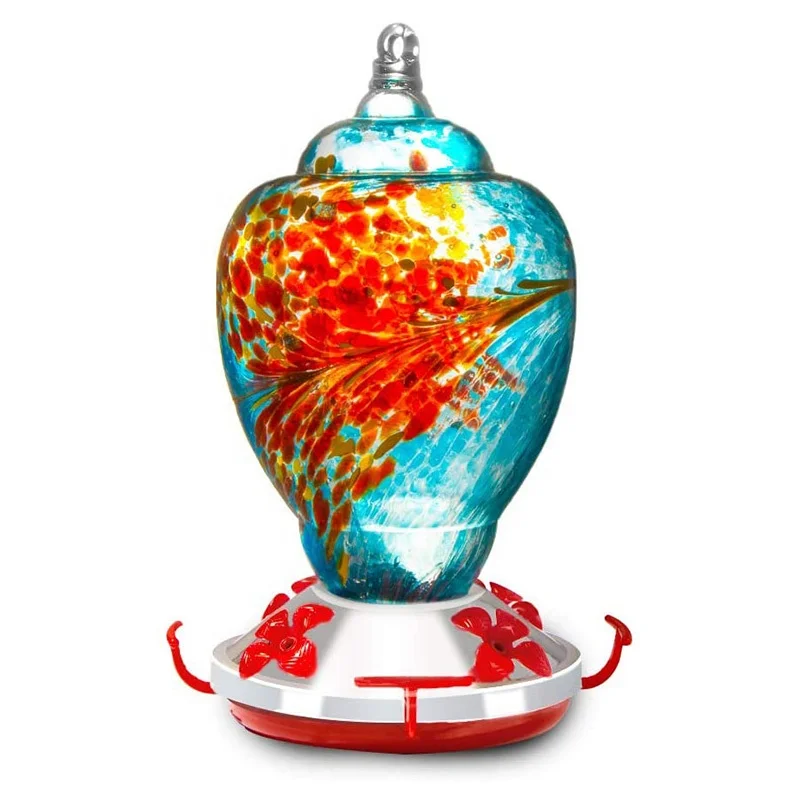 
Hummingbird Feeder for Outdoors 29 Ounces Perch Hand Blown Glass Garden Ornaments Including Ant Moat Hook 