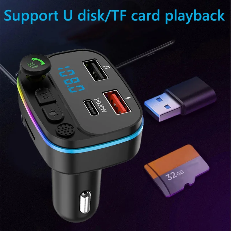 Colorful Light 2 Usb Type C PD 20W Fast Charging FM Modulator Handsfree Car Kit FM Transmitter Wireless Car Mp3 Player