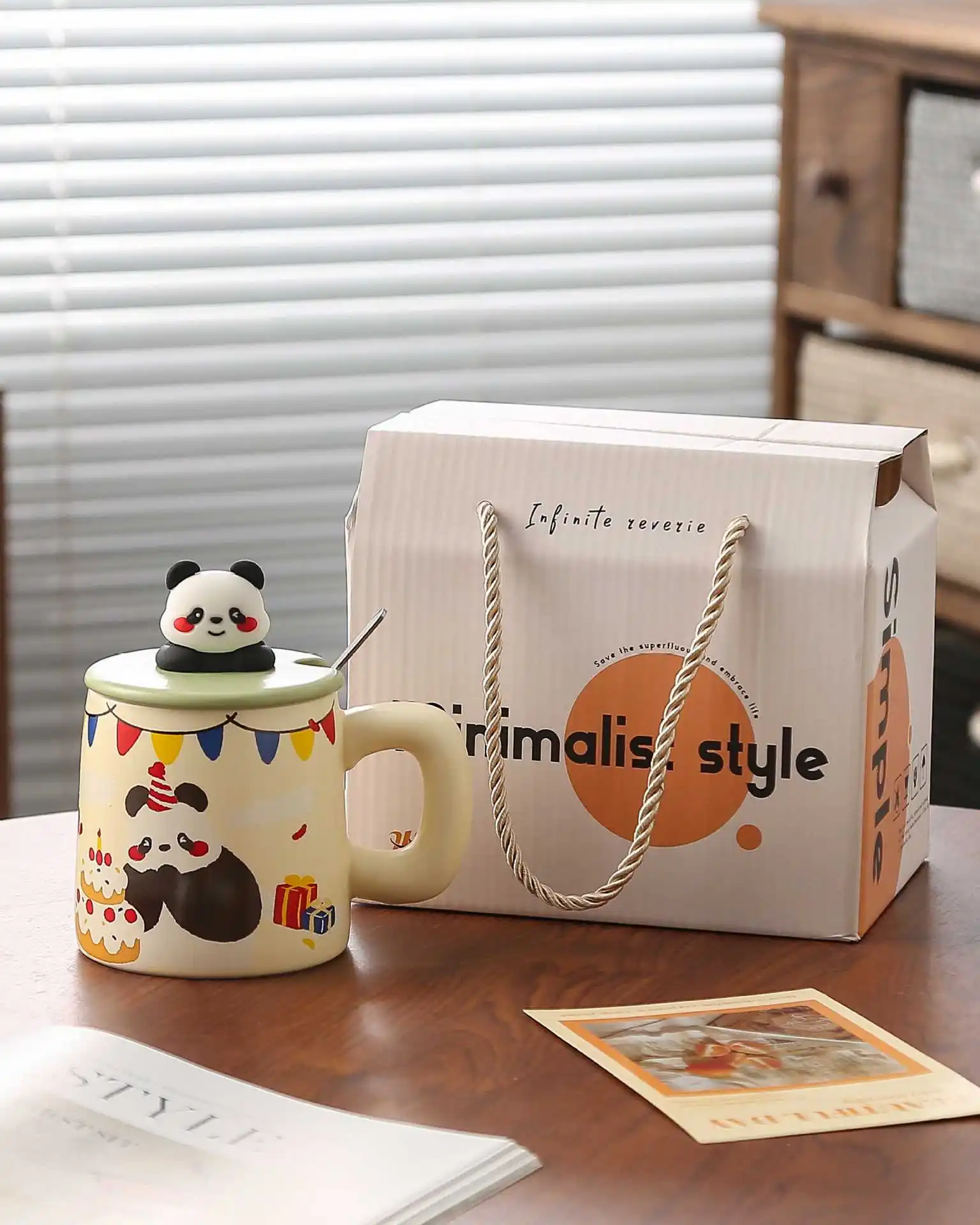 High-value cup cute panda ceramic cup with lid ladle water cup set gift for girlfriends and boyfriends