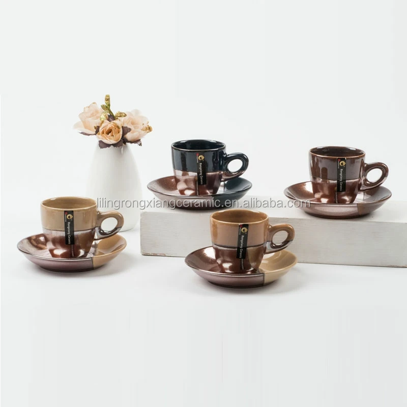 
Expresso coffee cup and saucer stoneware reusable two tone metal glaze coffee cup and sacuer 