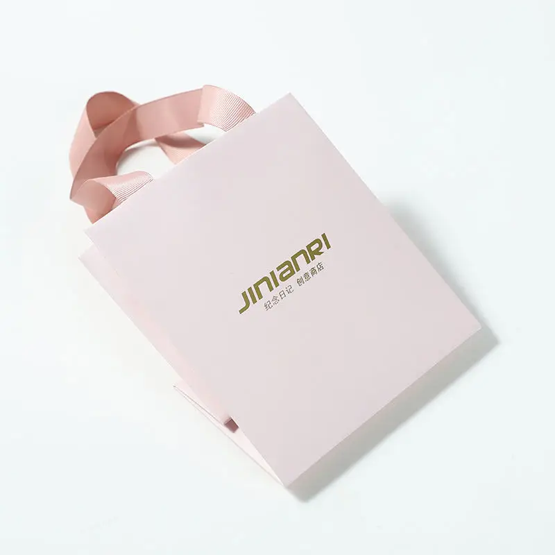 Pink Cardboard Shopping Paper Bags With Logos Custom Shoes Clothing Packaging Retail Craft Gift Paper Bag Ribbon