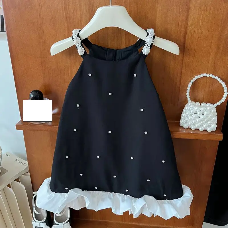 Summer 2024 Girls Black Slip Dress Girls Cute Princess Dress Girls Beaded Dress