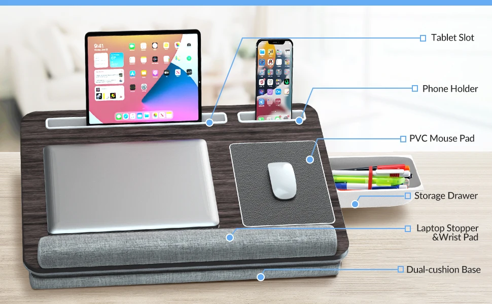 Portable  lap desk with pillow cushion17 inch extra large lap desk kids  with wrist rest laptop lap desk with drawer