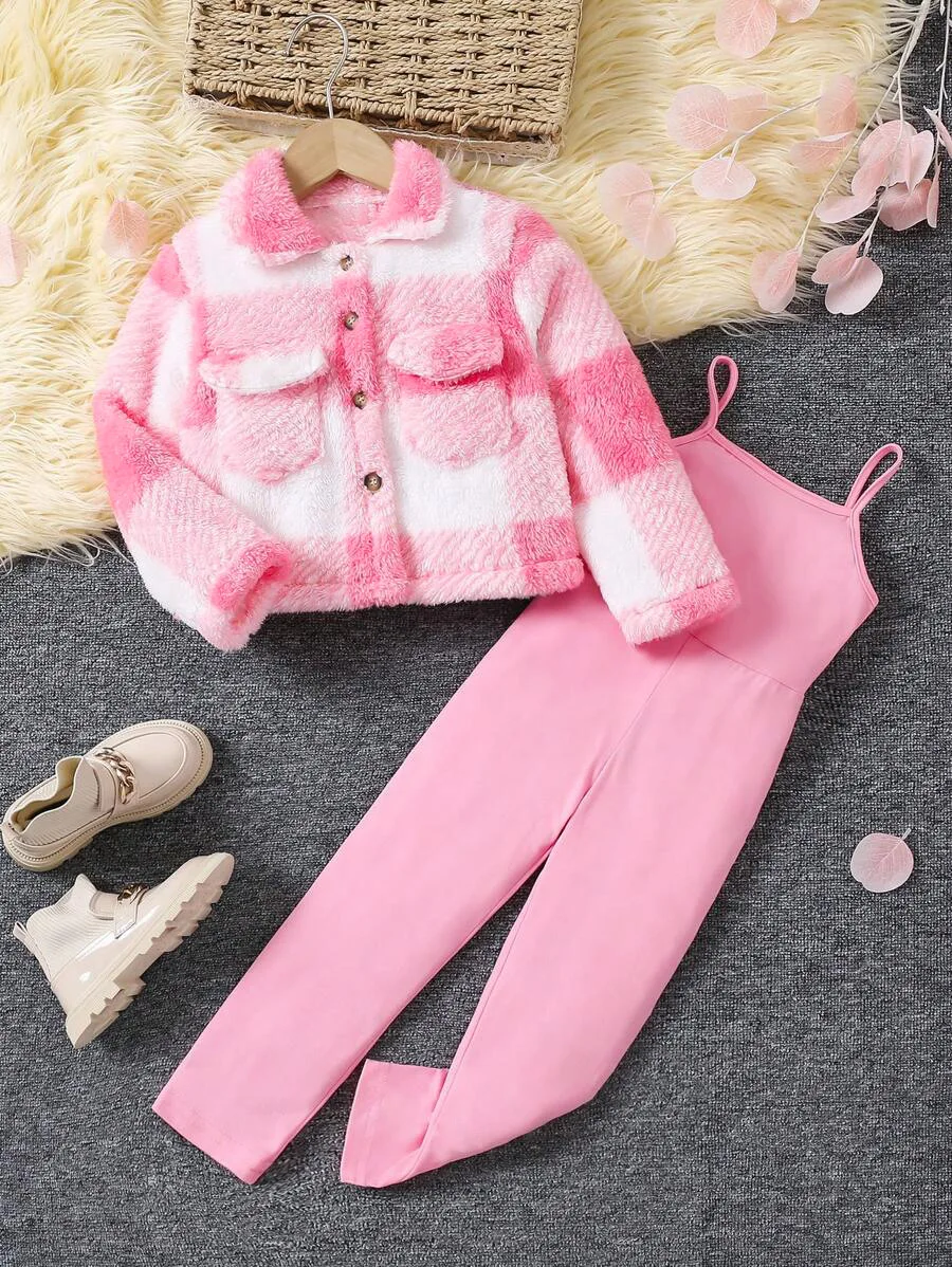 Autumn Winter New Toddler Kids Clothes Thick Girls Lapel Plaid Long-sleeved Coat Suspender One-piece Trousers Wholesale