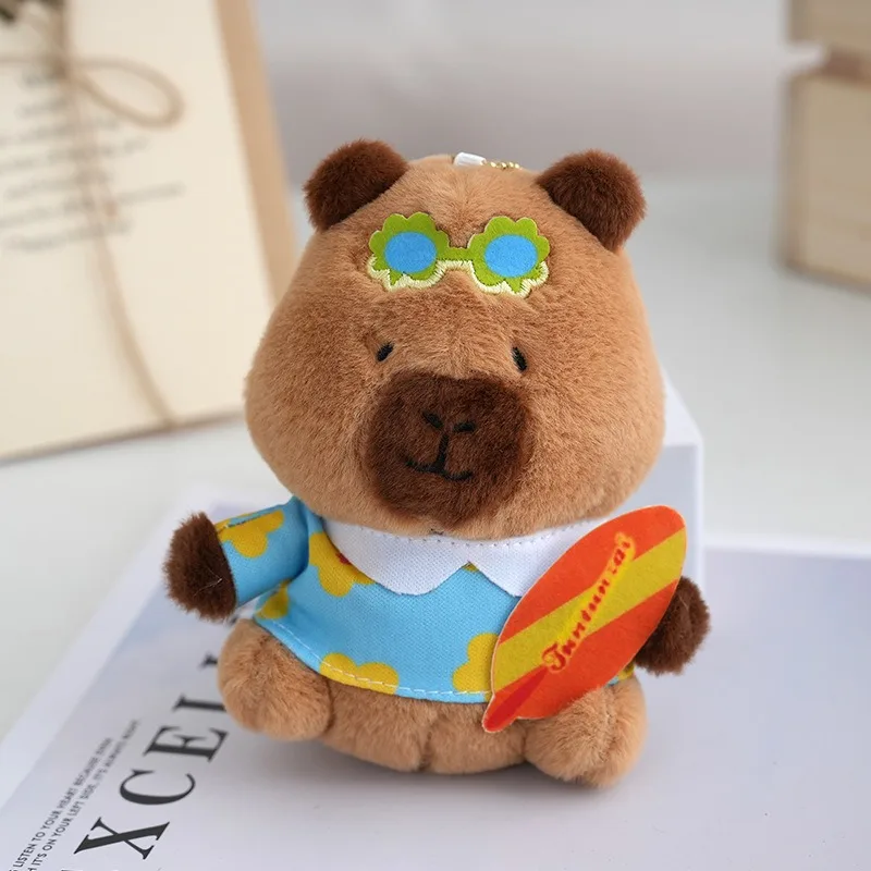 13cm Summer Hawaiian Stuffed Animal Toy Capybara Plush Keychains Toys Swimming ring Skateboard Doll Key Chains Capybara Keychain