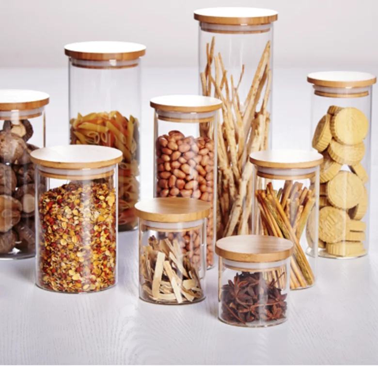 kitchen use borosilicate glass jar with bamboo lid
