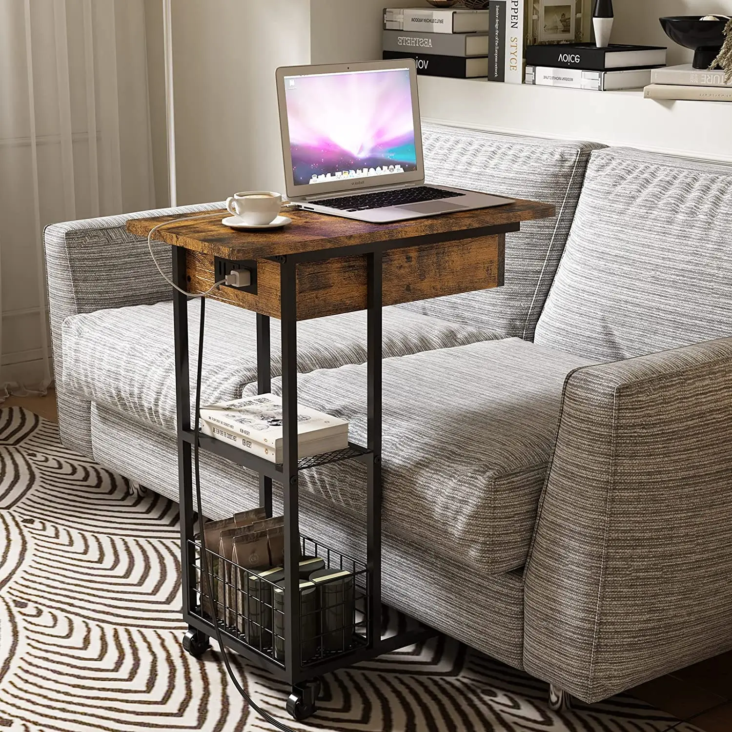 End Table with Charging Station C Shaped Snack Table for Small Spaces Flip Top Side Table with USB Ports Power Outlets