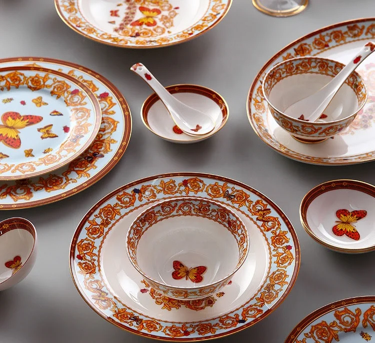 European-style creative bone china western plate rice bowl soup plate household 28-piece tableware set gift box