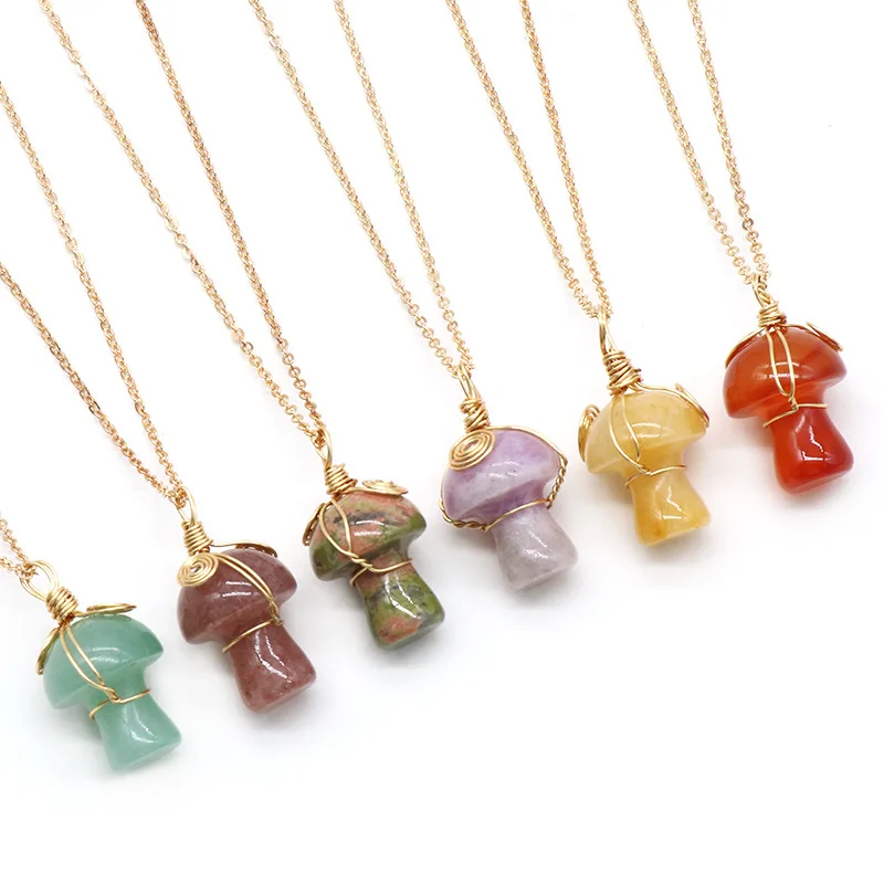 Natural Stone Cute Tiger Eye Stone Quartz Amethysts Leaf Mushroom Pendants for Jewelry Making Jade Buddha Pendant