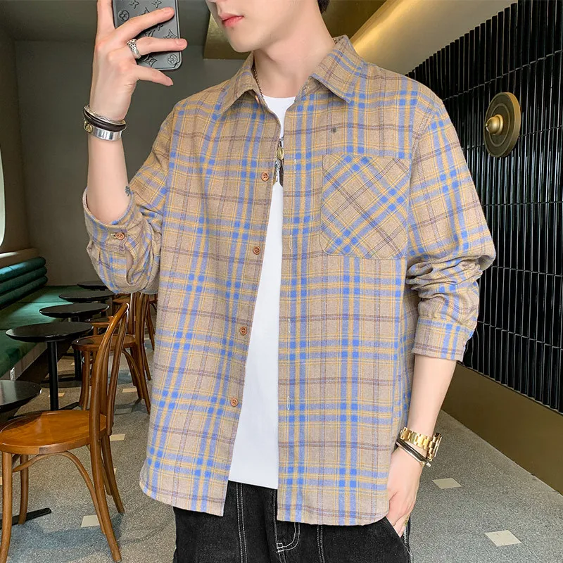 japanese style shirt long sleeve 2021 winter cargo shirts for men casual single-breasted plaid loose shirt men