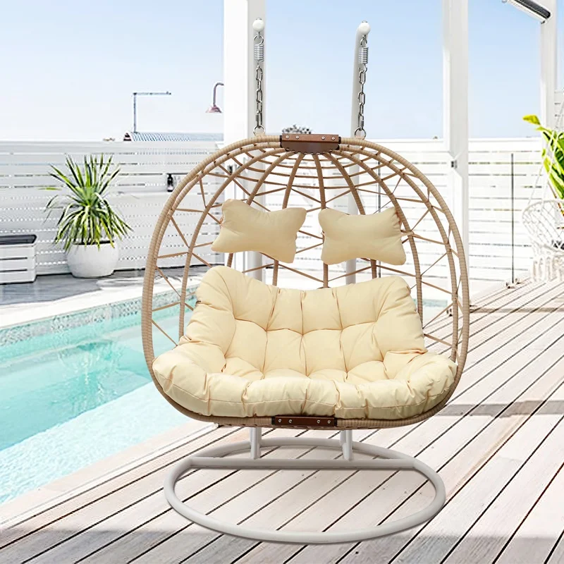 Brown Wicker Beach Furniture Outdoor Porch Patio Garden Double Metal Rattan Swing Hanging Egg Chair with Stand