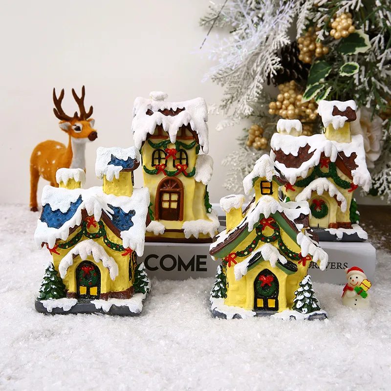 Christmas Decorations Christmas Light Up Resin Snowroof Village LED Light House Christmas Micro Landscape Decoration